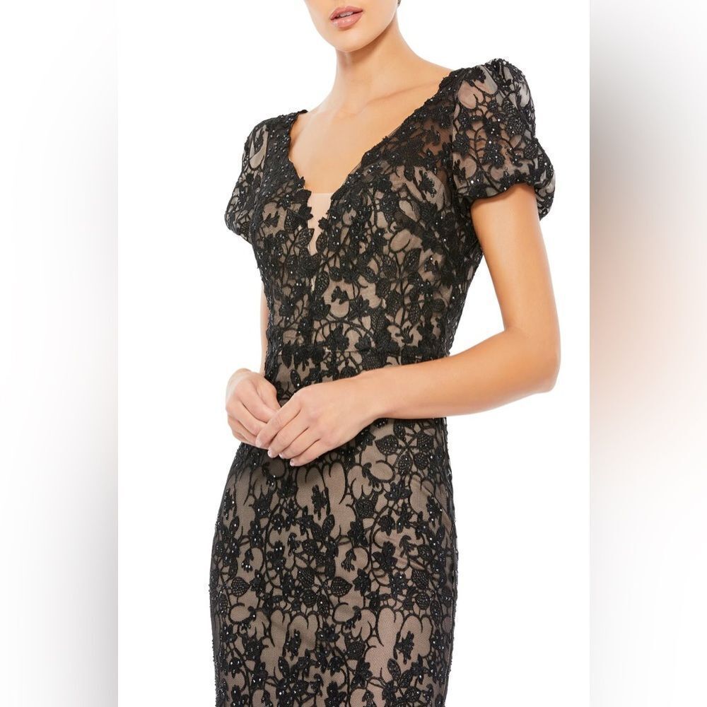 NEW MAC DUGGAL LACE PLUNGE NECK SHORT PUFF SLEEVE TRUMPET GOWN Sz 12 $698 - Picture 3 of 4